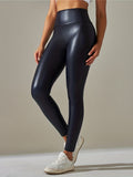 Gothic Solid PU Leather High Waist Leggings, Casual Skinny Long Length Sexy Leggings, Women's Clothing