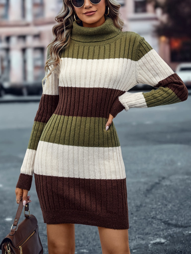 hoombox Color Block Striped Sweater Dress, Casual Turtleneck Long Sleeve Dress, Women's Clothing