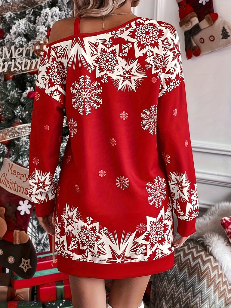 hoombox Christmas Snowflake Print Dress, Casual Long Sleeve Cold Shoulder Dress, Women's Clothing