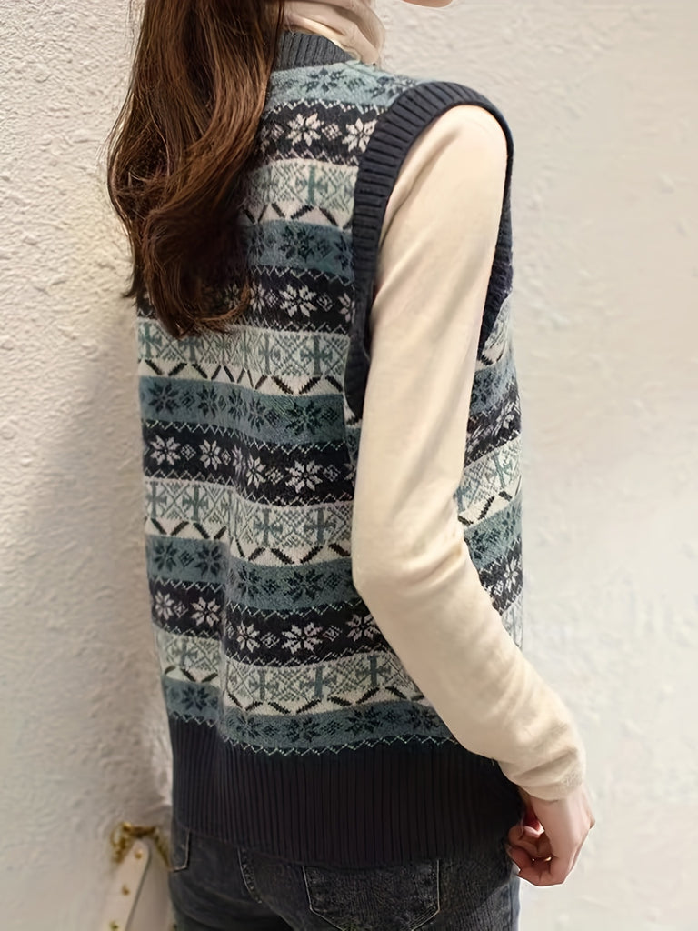 Allover Print V Neck Vest, Preppy Contrast Trim Sleeveless Sweater For Fall & Winter, Women's Clothing
