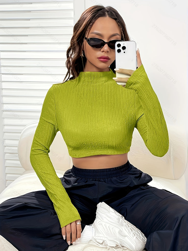 hoombox Solid Textured Mock Neck Crop T-Shirt, Casual Long Sleeve Top For Spring & Fall, Women's Clothing