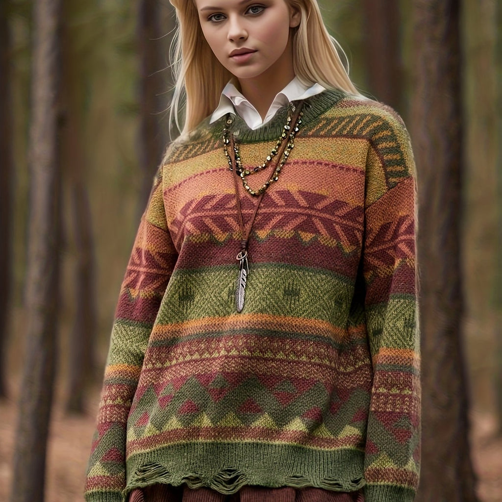 Tribal Pattern Crew Neck Pullover Sweater, Casual Ripped Long Sleeve Sweater, Women's Clothing