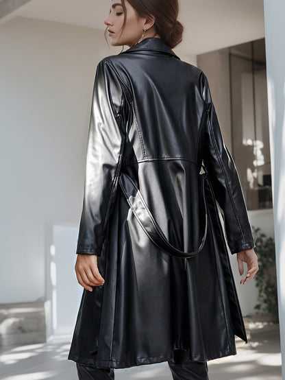 PU Leather Lapel Coat, Casual Long Sleeve Versatile Outerwear, Women's Clothing