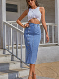 Single-breasted Split High Waist Denim Skirt, Elegant Button Front Long Denim Skirt, Women's Denim Jeans & Clothing