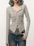 hoombox Long Sleeve Ribbed T-Shirt, Casual Button Up Top For Spring & Fall, Women's Clothing