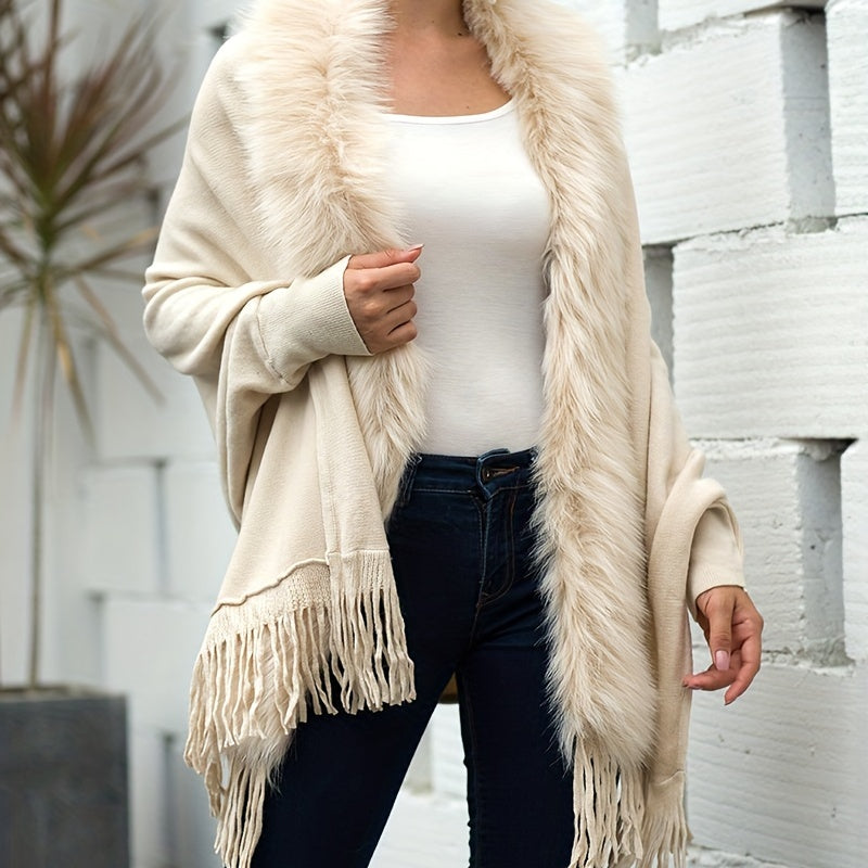 Solid Color Faux Fur Thick Shawl Wrap With Sleeves Elegant Loose Large Tassel Cardigan Autumn Winter Stylish Ladies Cloak