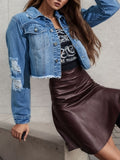 hoombox  Ripped Raw Hem Button Front Denim Jacket, Chest Flap Pocket Single-breasted Collar Washed Blue Crop Denim Coat, Women's Denim Jeans & Clothing