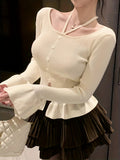 hoombox  Button Decor Ruffle Hem Sweater, Chic Flare Sleeve Split Hem Slim Top, Women's Clothing