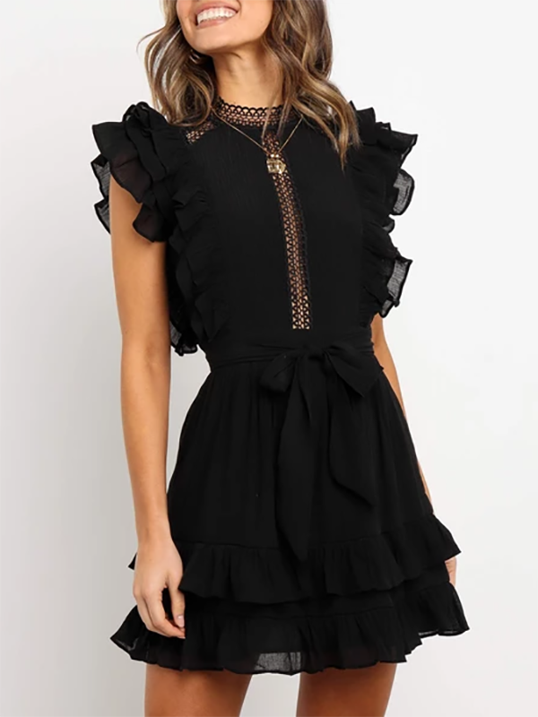 hoombox Fashion Solid Color Hollow Ruffle Sleeve Dress
