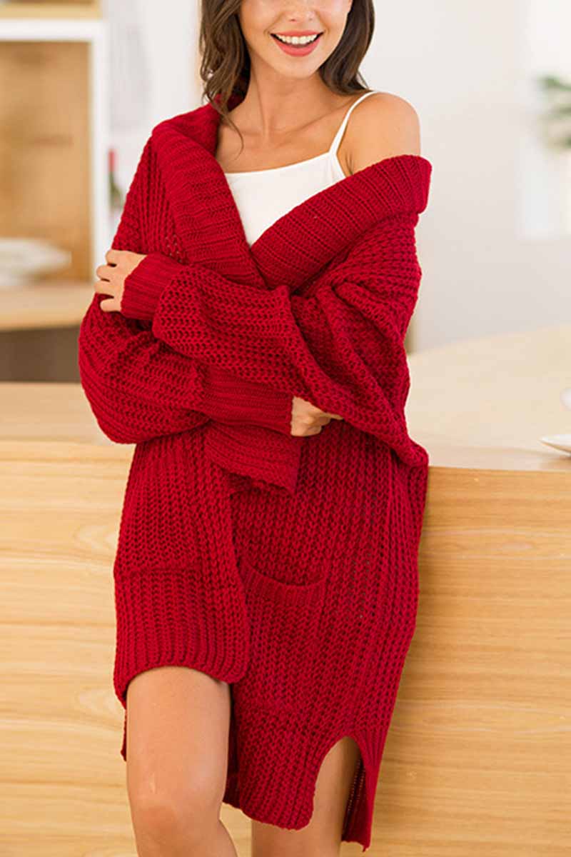 Hoombox  Knitted Red Long Sweater Coat
