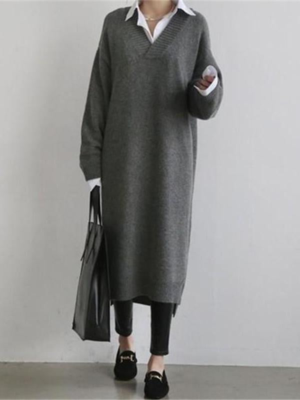 hoombox Fashion Simple Loose Long Sleeves Knitted Sweater Shown Thin Maxi Dress