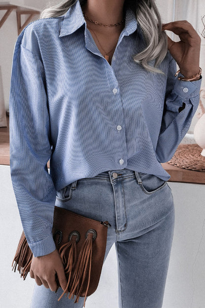 Hoombox Fashion Casual Striped Solid Turndown Collar Tops