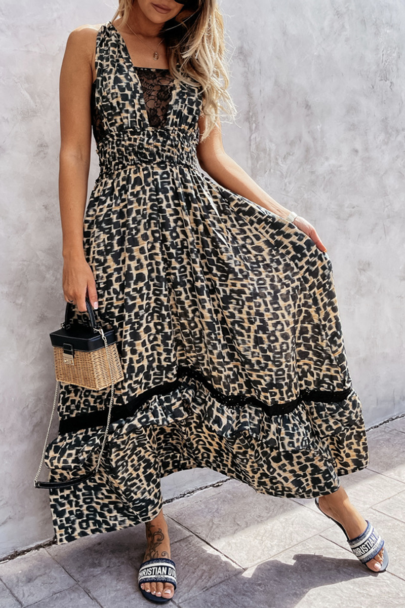 Hoombox Elegant Leopard Lace Hollowed Out Backless A Line Dresses