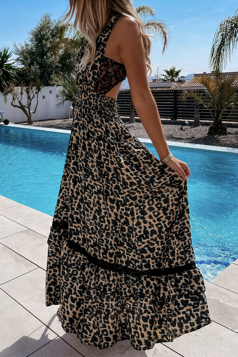 Hoombox Elegant Leopard Lace Hollowed Out Backless A Line Dresses
