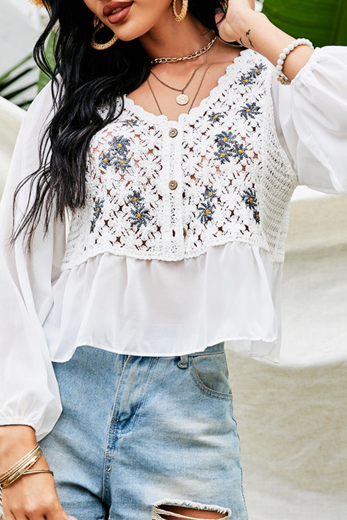 Hoombox Casual Embroidery Lace Buttons V Neck Tops