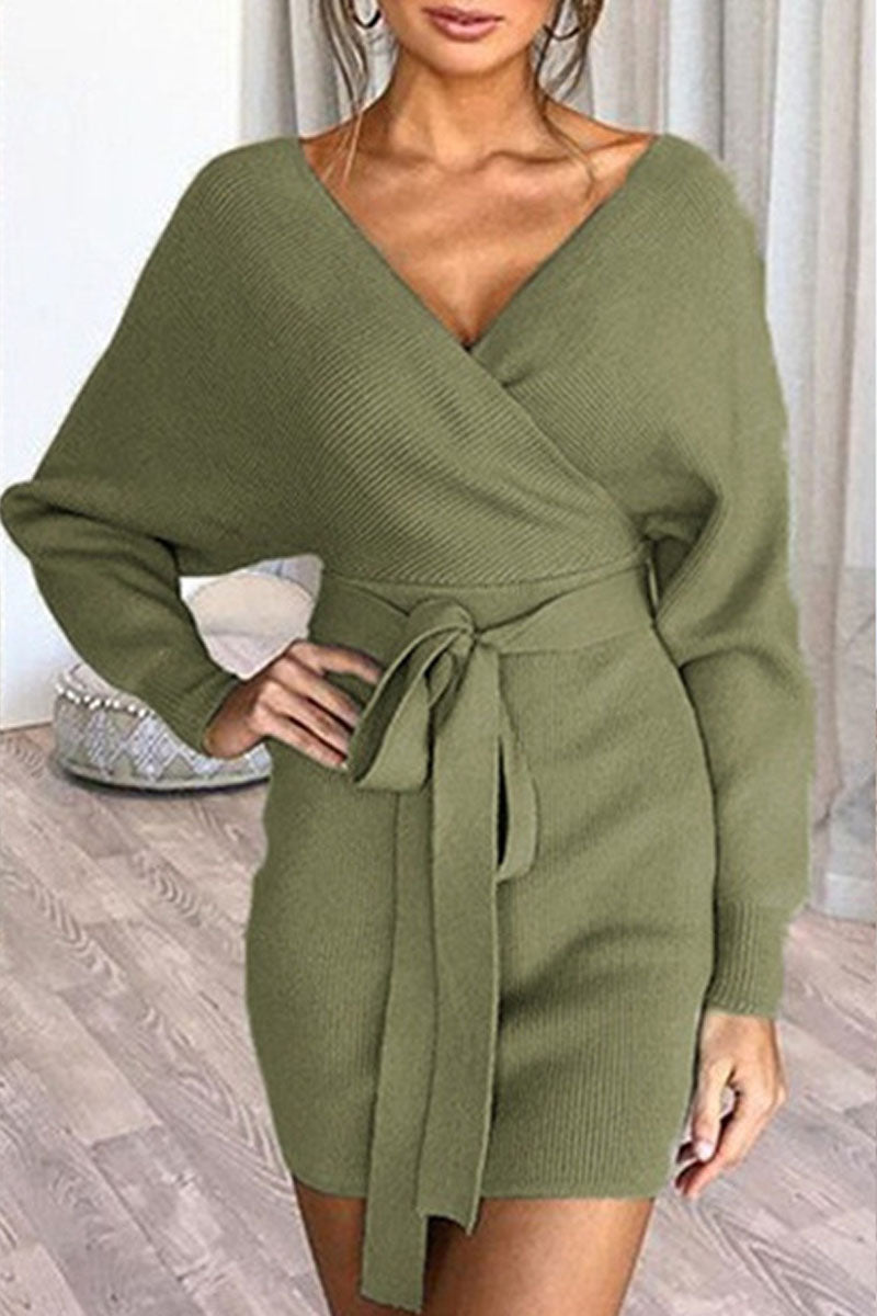 Hoombox Fashion Casual Solid Split Joint V Neck A Line Dresses