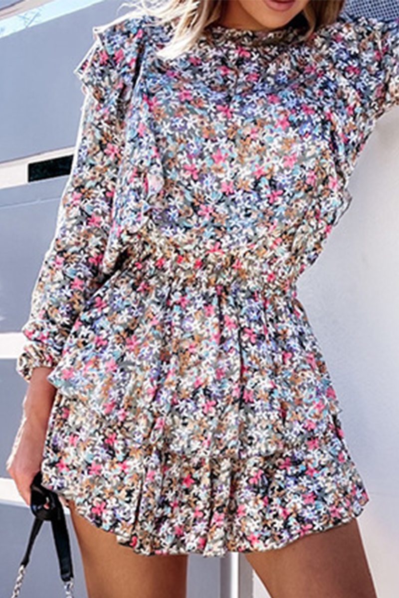Hoombox Fashion Elegant Print Split Joint Flounce O Neck Waist Skirt Dresses
