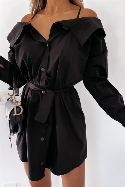 Hoombox Fashion Street Solid Buckle With Belt Off the Shoulder Irregular Dress Dresses