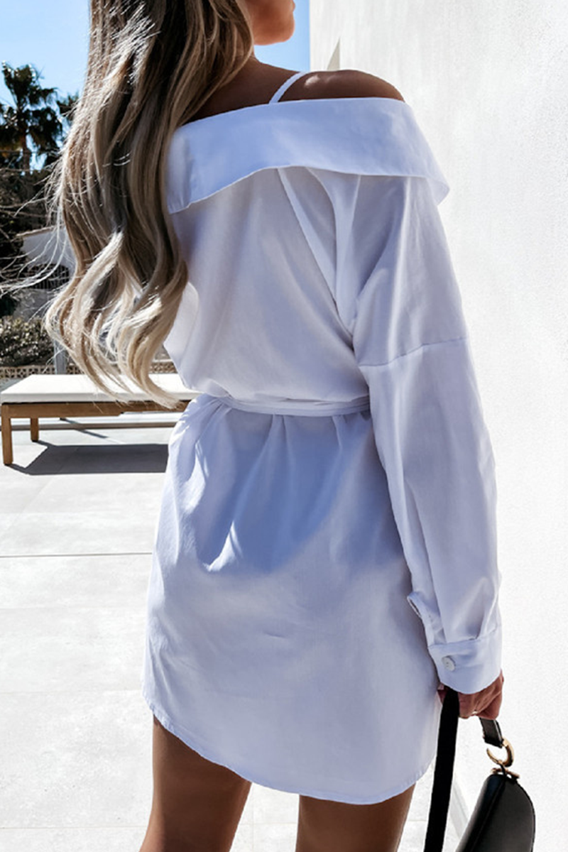 Hoombox Fashion Street Solid Buckle With Belt Off the Shoulder Irregular Dress Dresses