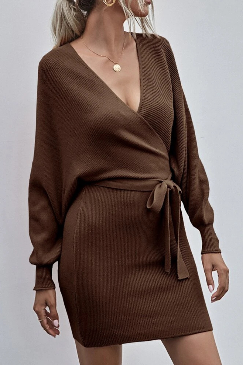 Hoombox Elegant Solid With Belt V Neck Waist Skirt Dresses
