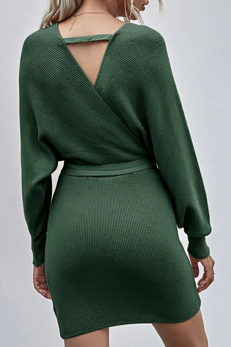 Hoombox Elegant Solid With Belt V Neck Waist Skirt Dresses