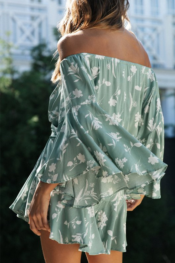 Hoombox Fashion Casual Floral Split Joint Frenulum Off the Shoulder A Line Dresses