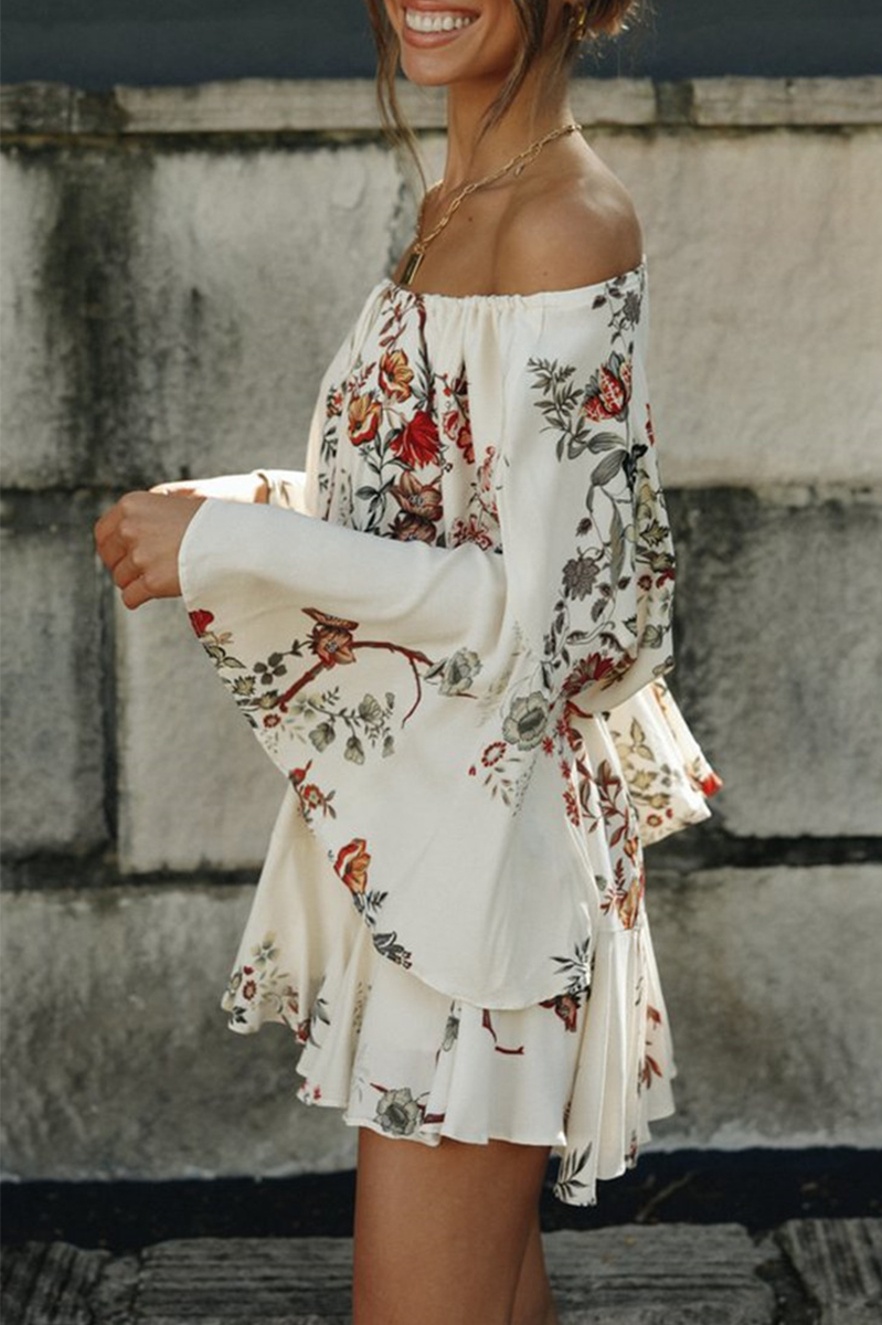 Hoombox Fashion Casual Floral Split Joint Frenulum Off the Shoulder A Line Dresses