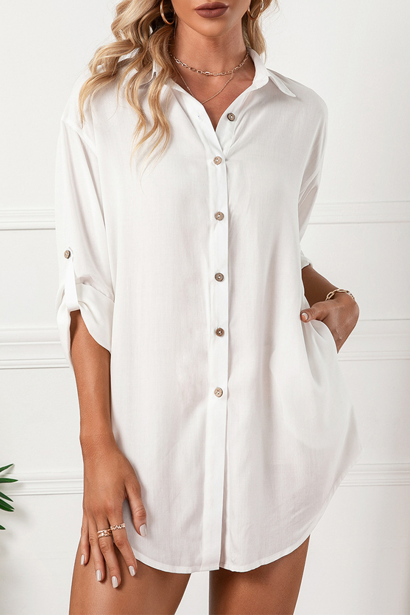Hoombox Casual Solid Buckle Turndown Collar Shirt Dress (6 Colors)