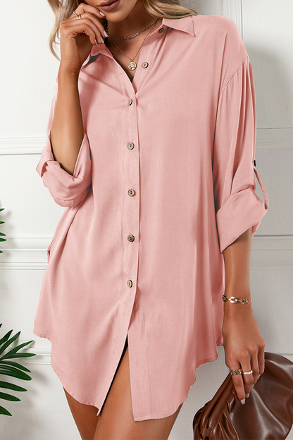 Hoombox Casual Solid Buckle Turndown Collar Shirt Dress (6 Colors)
