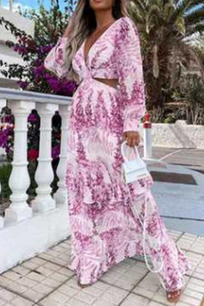 Hoombox Fashion Elegant Print Hollowed Out Flounce V Neck A Line Dresses(4 colors)