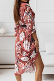 Hoombox Elegant Floral Fold With Belt Ribbon Collar Pleated Dresses