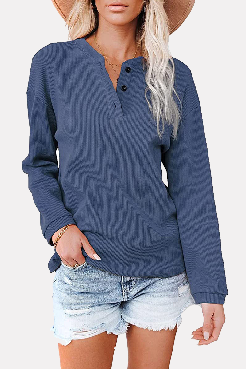 Hoombox Casual Solid Buckle O Neck Tops