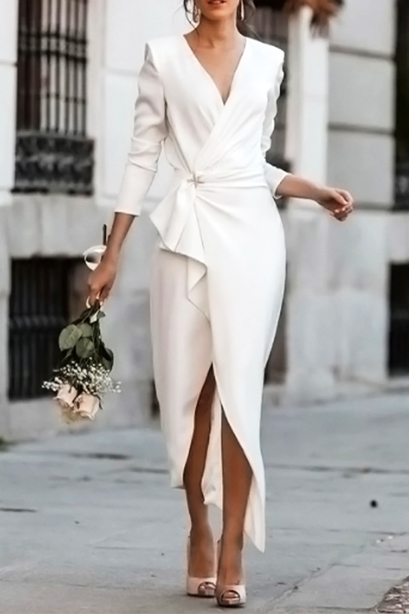 Hoombox Fashion Elegant Solid Patchwork Asymmetrical V Neck Pencil Skirt Dresses(5 Colors)