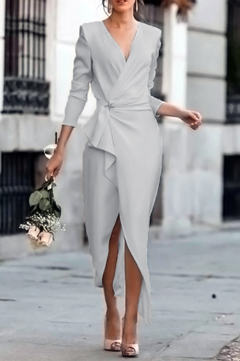 Hoombox Fashion Elegant Solid Patchwork Asymmetrical V Neck Pencil Skirt Dresses(5 Colors)