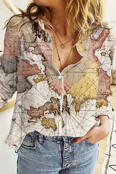Hoombox Casual Print Patchwork Buckle Turndown Collar Tops