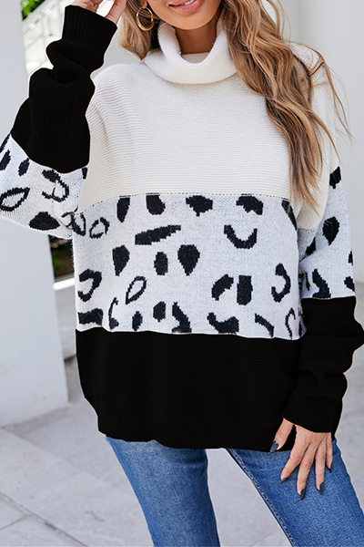 Hoombox Casual Leopard Patchwork Contrast Turtleneck Sweaters(3 Colors)