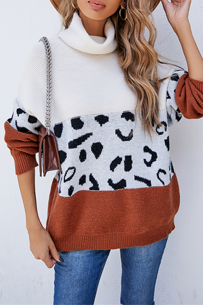 Hoombox Casual Leopard Patchwork Contrast Turtleneck Sweaters(3 Colors)