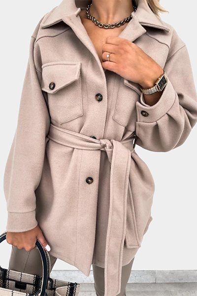 Hoombox Casual Street Solid Buckle With Belt Turndown Collar Outerwear（8 Colors)）