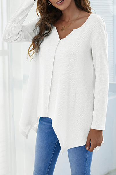 Hoombox Casual Solid Split Joint Asymmetrical V Neck Tops