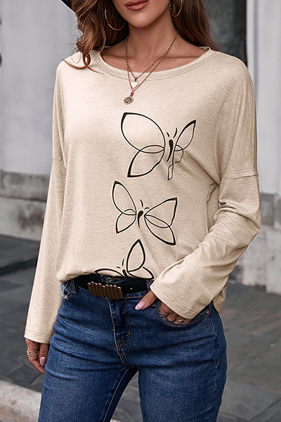 Hoombox Casual Butterfly Print Patchwork Basic O Neck Tops
