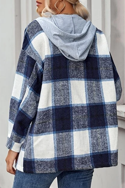 Hoombox Casual Plaid Draw String Buckle Hooded Collar Outerwear