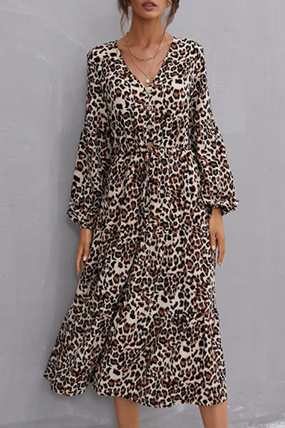 Hoombox Elegant Leopard Frenulum Buckle A Line Dresses