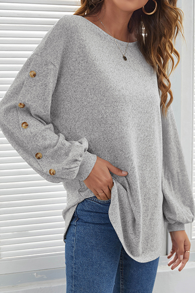 Hoombox Casual Solid Buckle O Neck Tops
