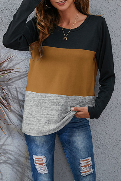 Hoombox Casual Patchwork Basic  Contrast O Neck Tops