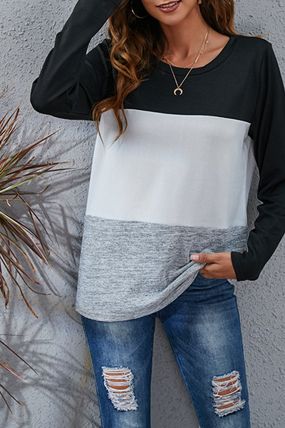 Hoombox Casual Patchwork Basic  Contrast O Neck Tops