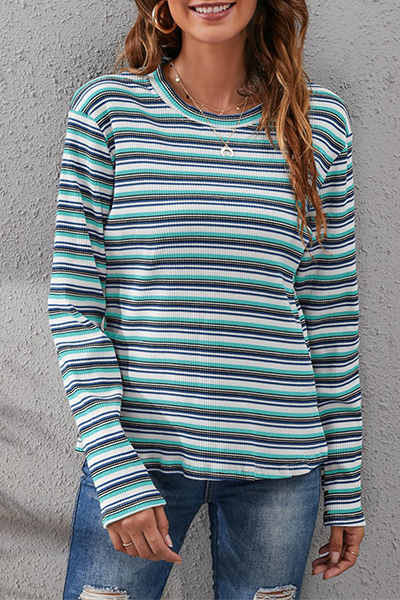 Hoombox Casual Striped Split Joint Basic O Neck Tops