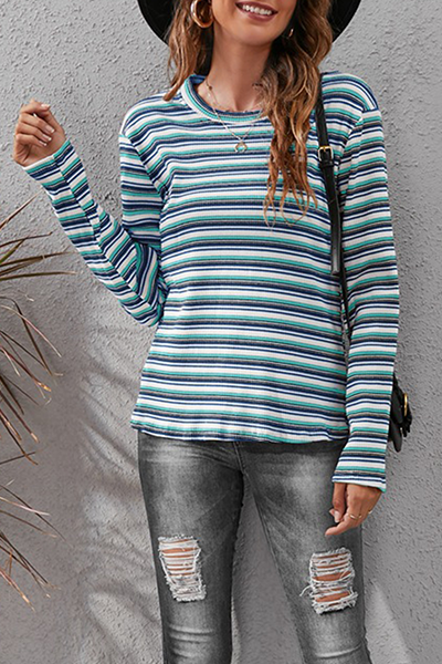 Hoombox Casual Striped Split Joint Basic O Neck Tops