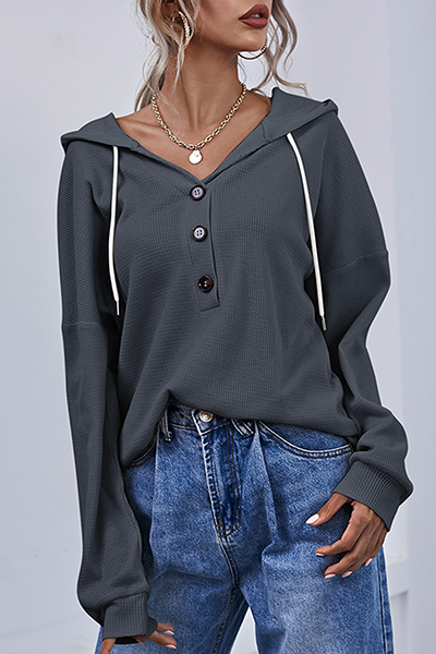 Hoombox Casual Solid Draw String Buttons Hooded Collar Tops