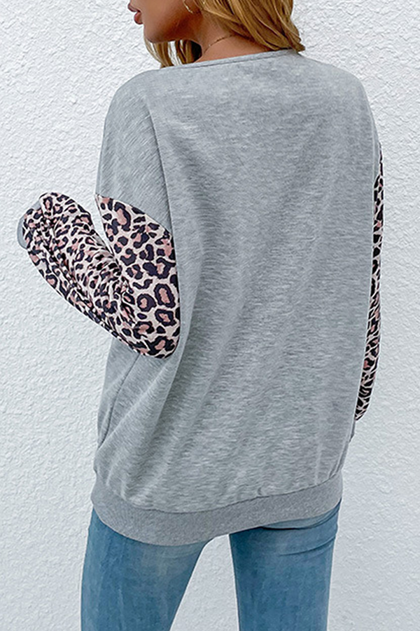 Hoombox Casual Leopard Hollowed Out Split Joint V Neck Tops
