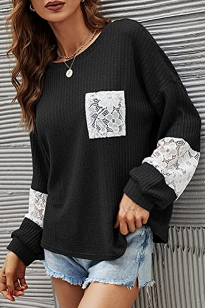 Hoombox Casual Patchwork Lace Split Joint O Neck Tops